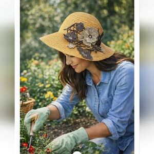 🆕️👒 NATURAL WITH FLORAL APPLIQUÉ SUN HAT👒